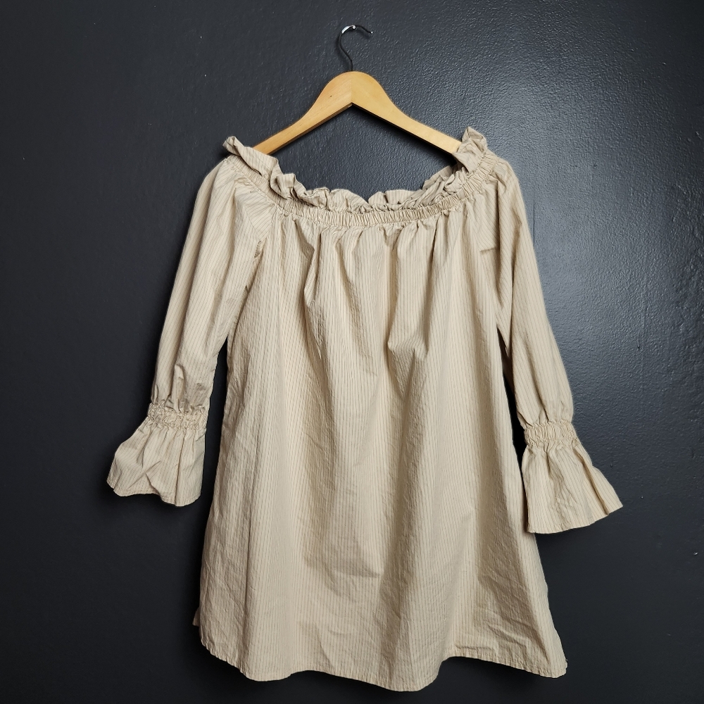 Off-Shoulder Flounce Sleeve Beige Striped Summer Top/Tunic By Missguided